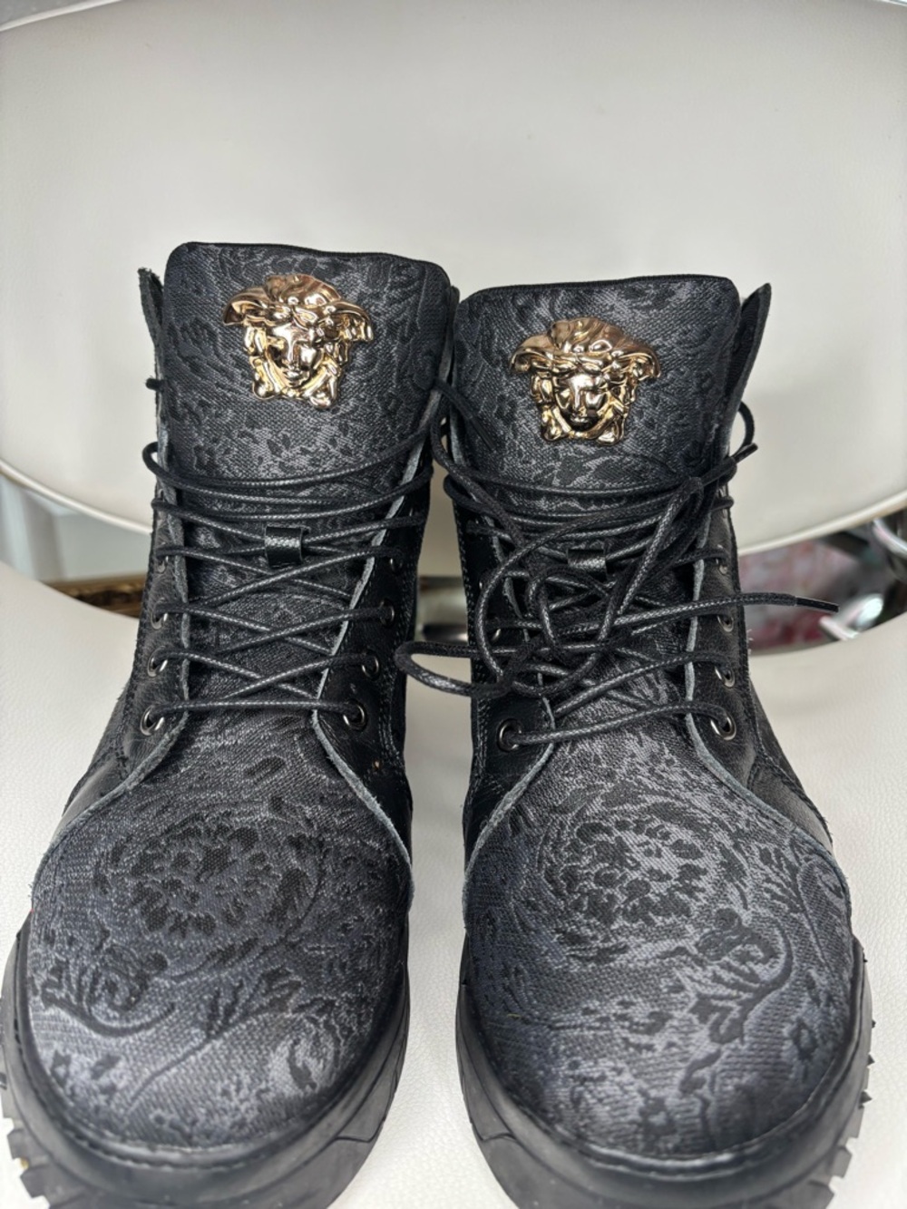 Versace Black Lace-Up Boots with Gold Medusa Emblems